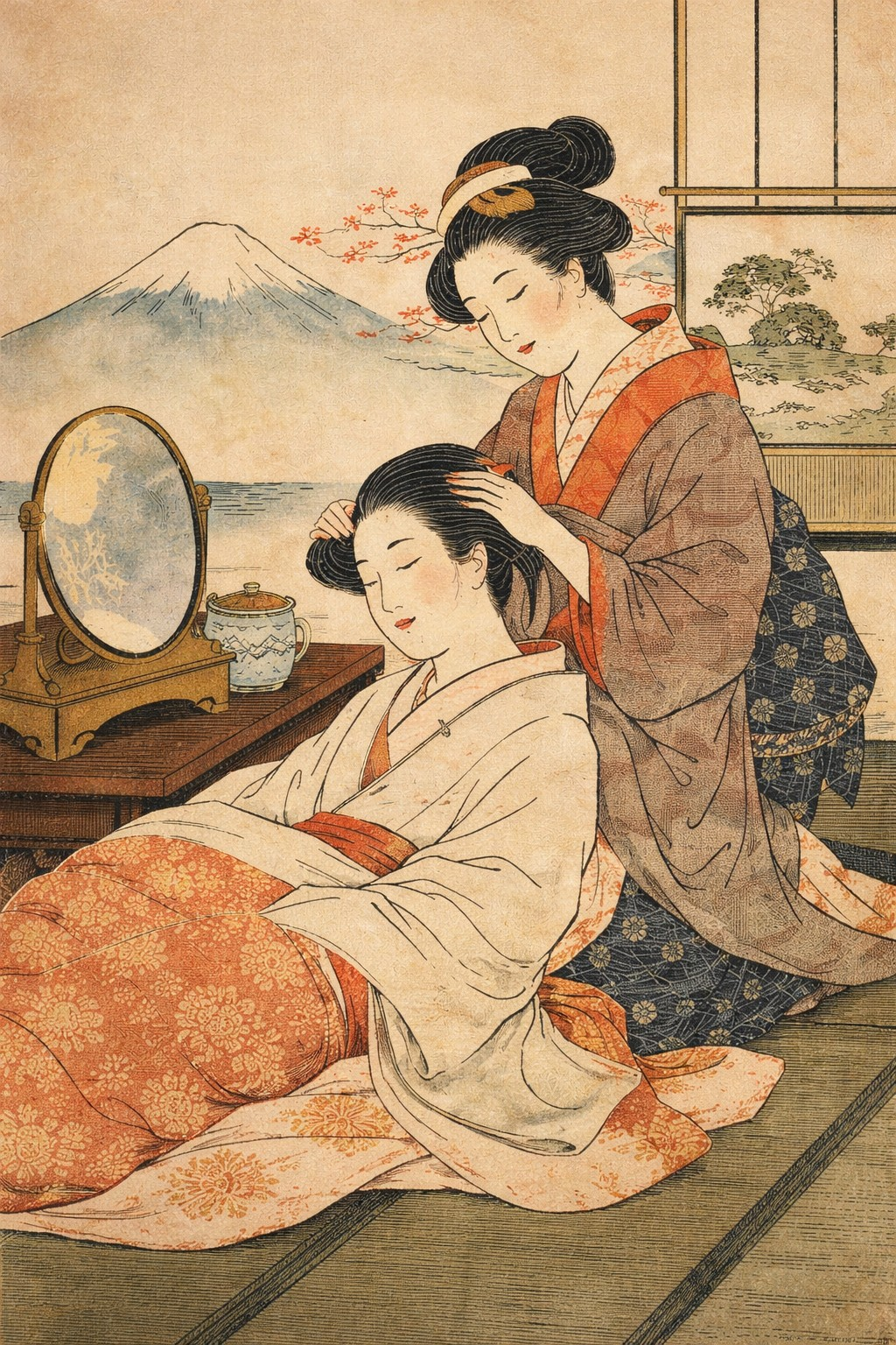Traditional Japanese illustration showing an early form of Japanese Kobido facial massage being performed.