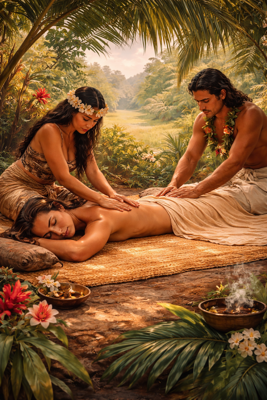 A traditional painting of two Hawaiian healers performing Lomi Lomi massage outdoors, amidst lush tropical greenery.